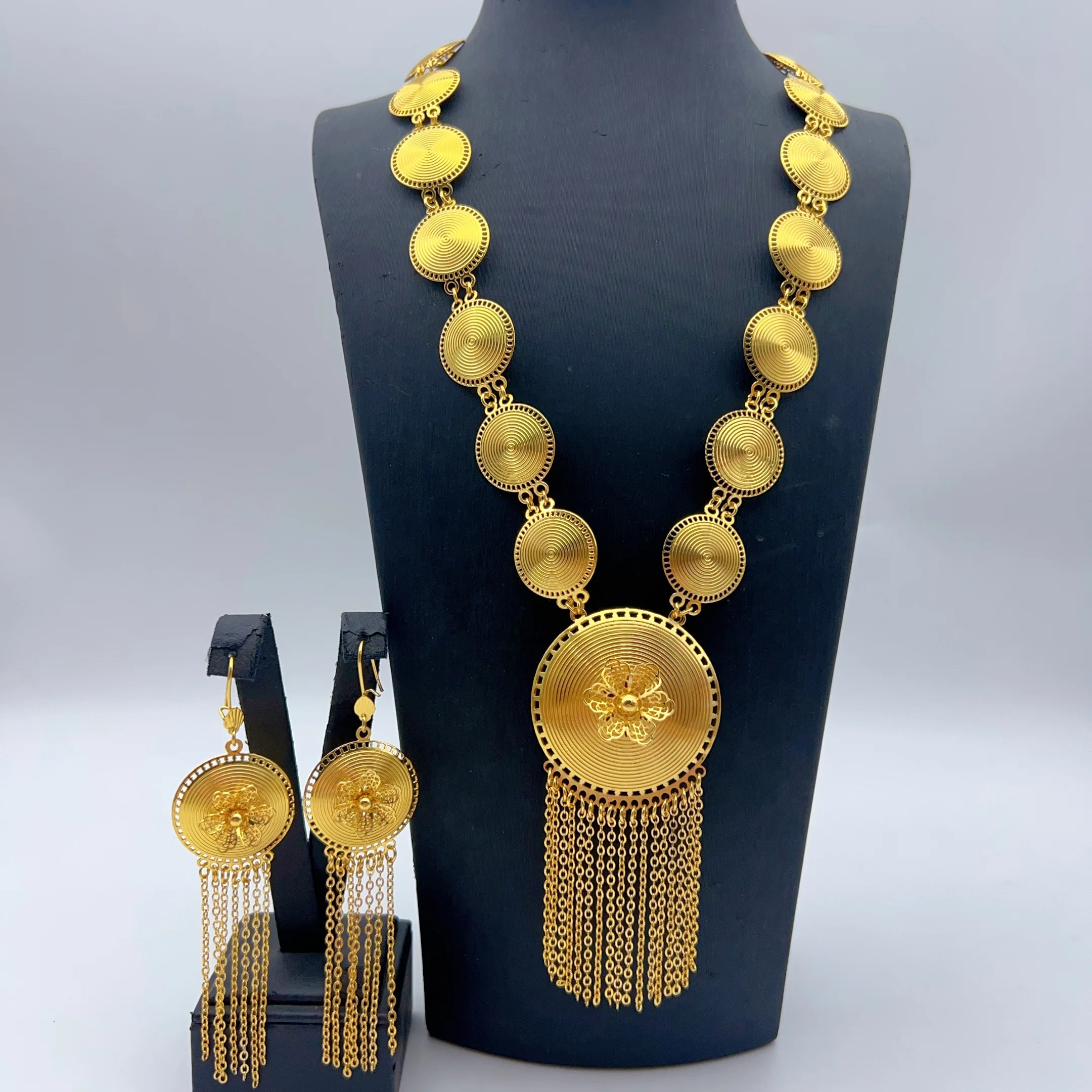 Brazilian 24k Gold Plated Jewelry Set For Women Long Tassel Necklace Earrings Jewellery Dubai Nigerian African Bridal Sets
