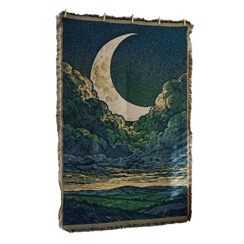 Retro star and moon cloud scene hanging cloth, art style fabric hanging painting, homestay wall decoration