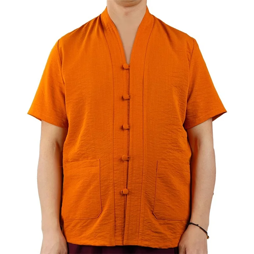 Summer Cotton Linen Monastic Garment Short Sleeve Tang Buttons Jacket Tops Tibetan Lama Breathable Buddhist Monk Shirt TP101