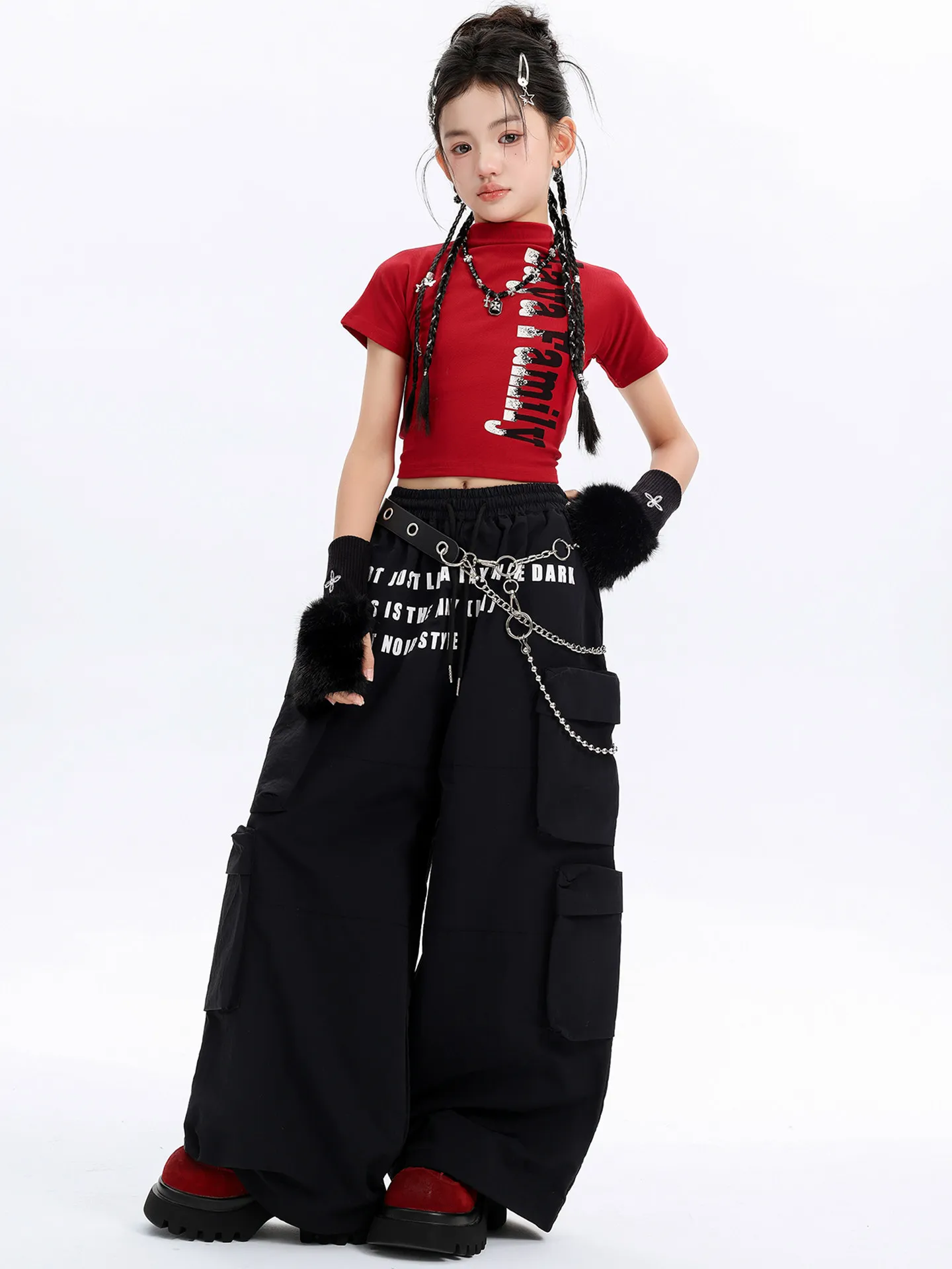 

2026 Children Hip Hop Dance Costumes For Girls Red Crop Top Loose Pants Outfits Modern Jazz Performance Stage Clothes DQS23266