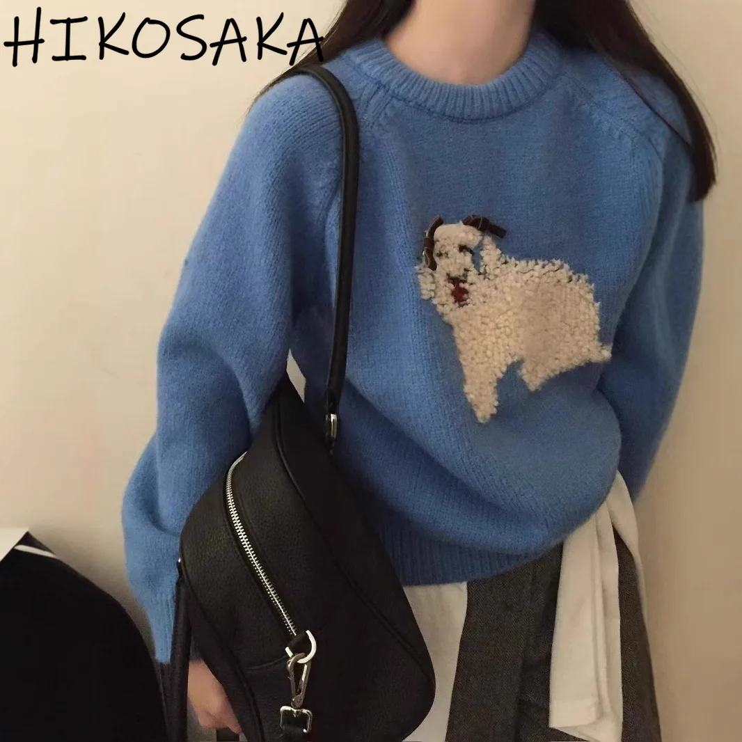 Korean Kawaii Cartoon Puppy Flocking Sweaters Simple O-neck Long Sleeve Casual Pullovers Autumn Iwnter Warm Loose All-match Top