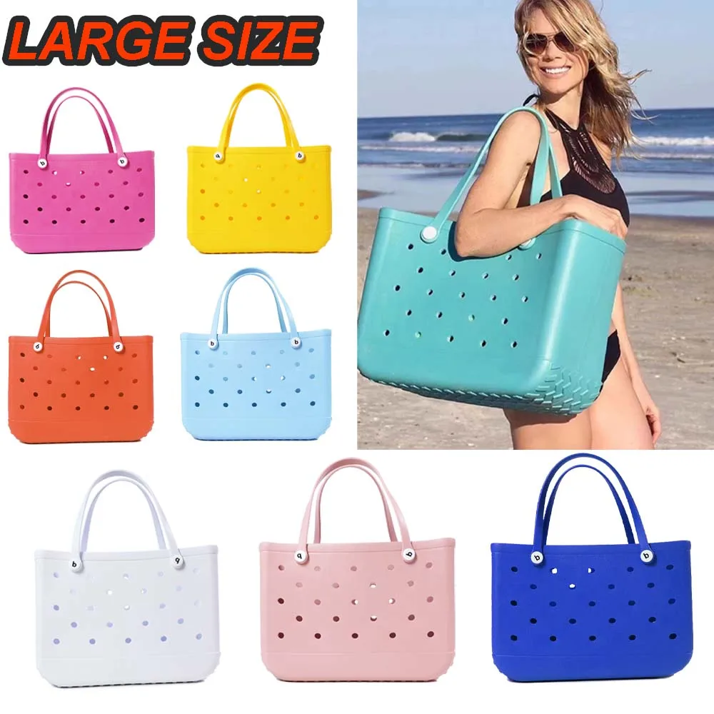 

M/L/XL Fashion Beach Bags EVA Rubber Waterproof Storage Baskets Travel Shopping Handbag Women Shoulder Solid Color Tote Bag