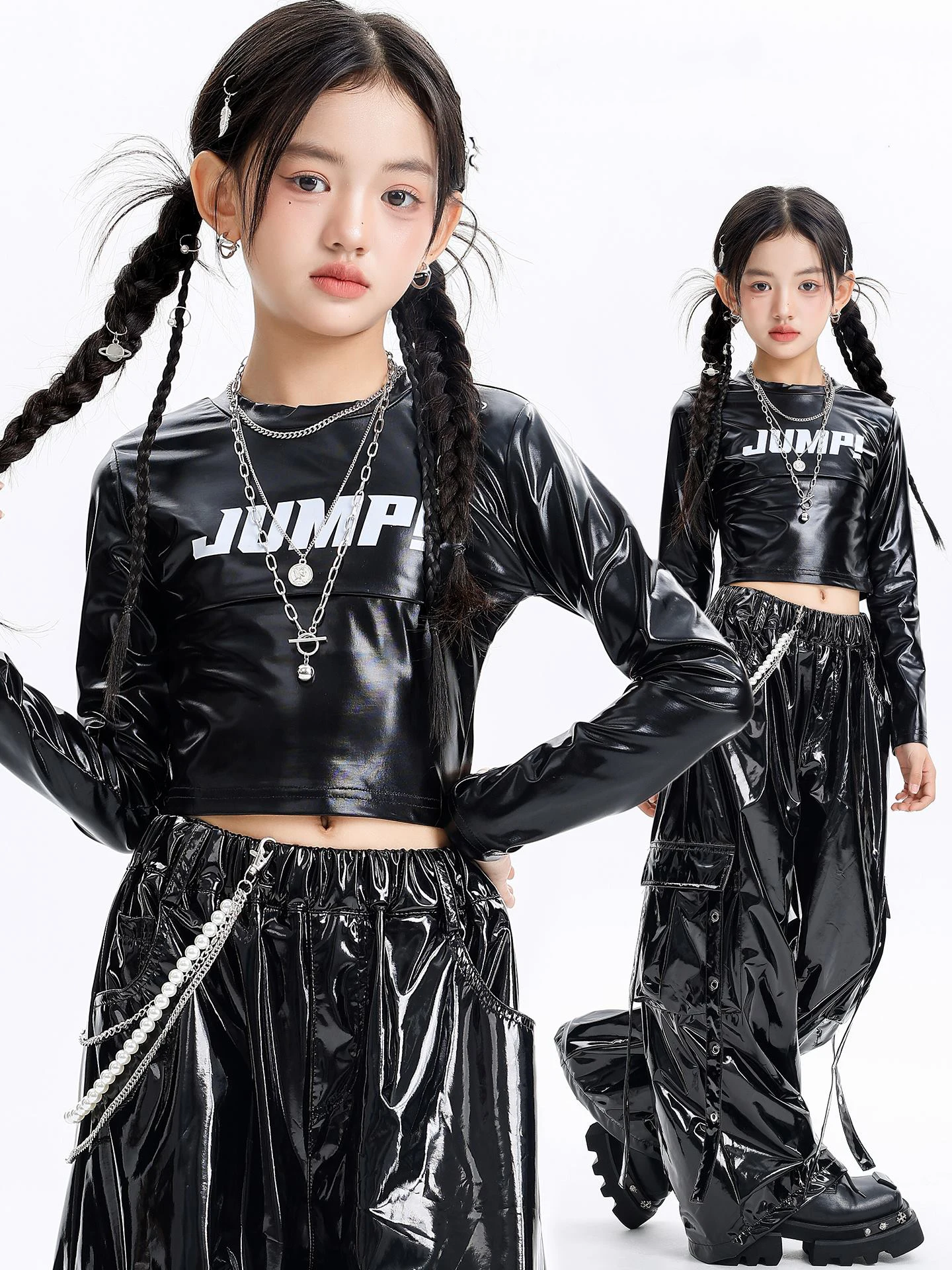 2025 Ragazze Cool Hip Hop Costume di Ballo Maniche Lunghe Nero Top Pantaloni Vestito di Pelle Kpop Jazz Dance Performance Abbigliamento BL17684