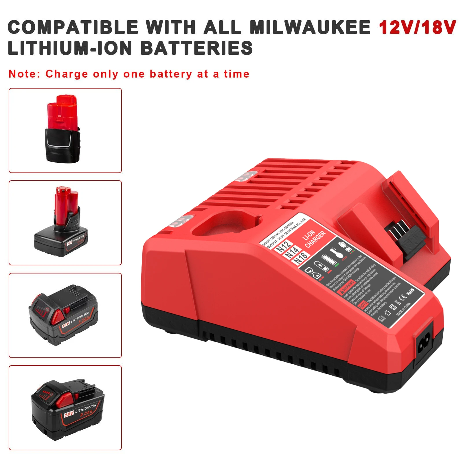 Dual Voltage Battery Charger Compatible with Milwaukee 12V 18V Cordless Tools - Replaces 48-59-1812 48-11-2420