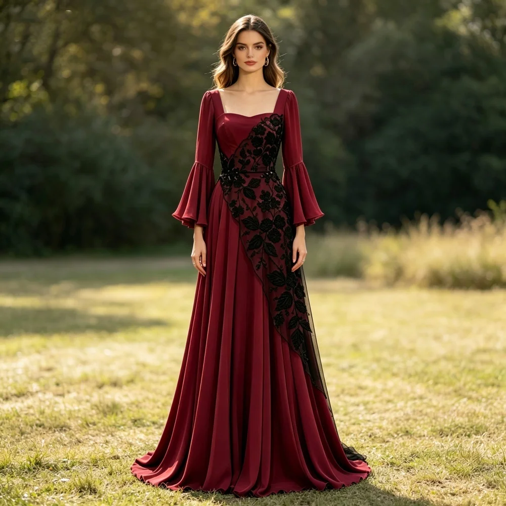 

Customized Elegant Modest Evening Gown Square Neck Pleat Lace A-line Long Dresses Formal Party Dress for Wedding High Quality