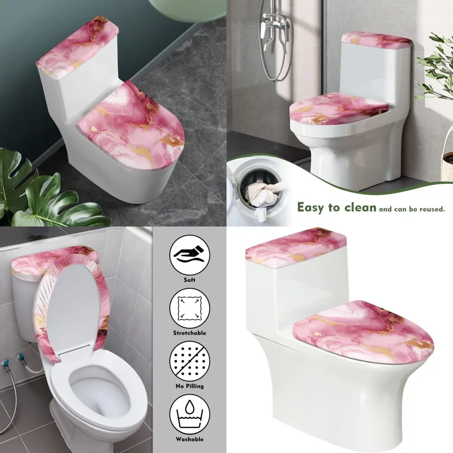 

Pink Marble Print Toilet Lid Cover and Toilet Tank Cover 2Pcs Set for Bathroom Stretchable Toilet Seat and Tank Lid Covers Suit