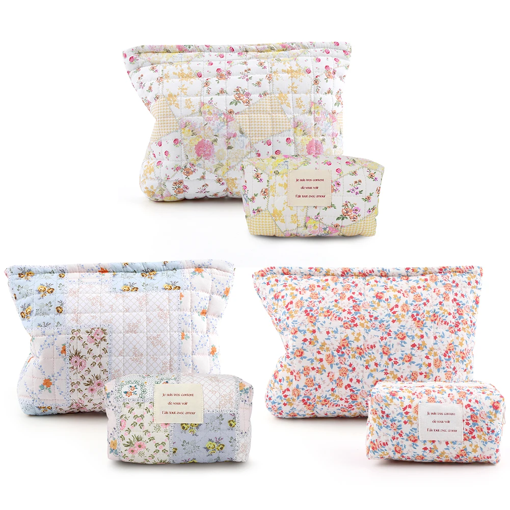 

2Pcs Quilted Makeup Bag Floral Cosmetic Bag Soft Makeup Organizer Bag Padded Aesthetic Zipper Pouch Makeup Storage Bag