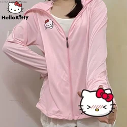 Sanrio Cute Hello Kitty Printed Hooded Sweatshirts Women's Sun Protection Ice Silk UV Protection Student Girl Zipper Hoodies