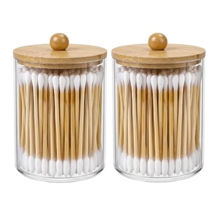 

Bathroom Counter Organizer and Qtip Holder - 2-Piece 10oz Plastic Apothecary Jar With Bamboo Lid, Cotton Swab Dispenser For Van
