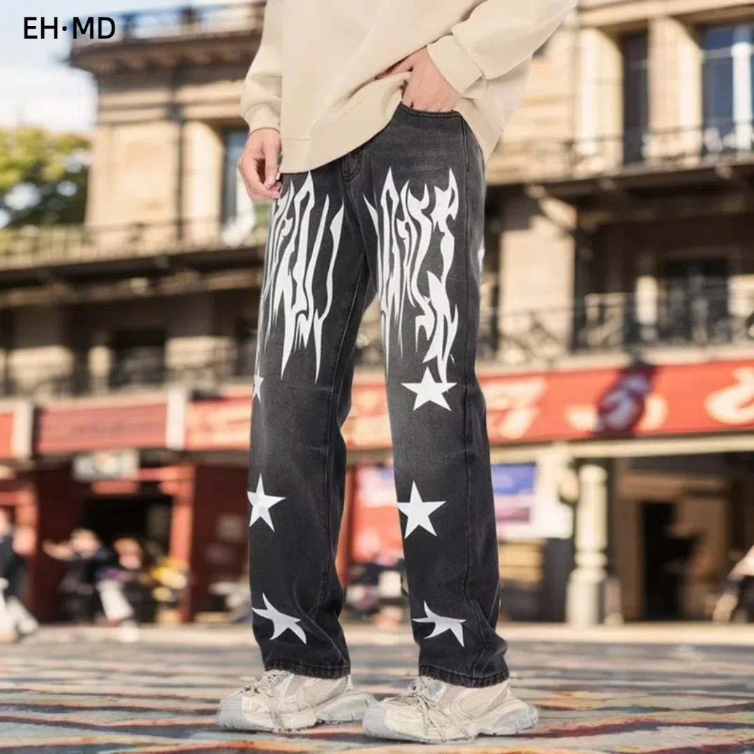 Star Embroidered Jeans Men Scraped Denim Pants Floral Trim Splash Ink Slim Stretch Leather Standard Black Trousers Straight Leg