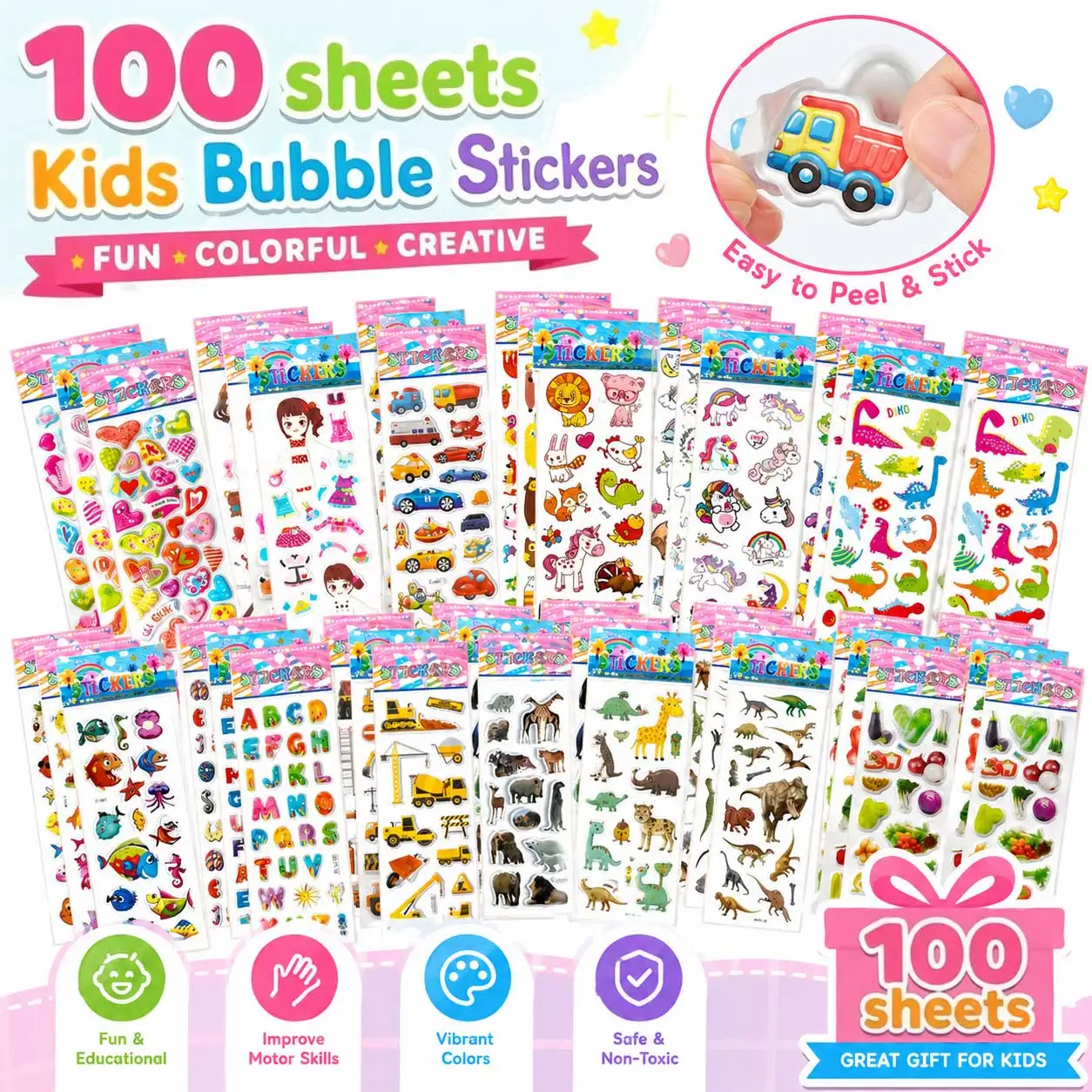 

100 sheets Sticker Kids Cute 3D Cartoon Stickers Mixed School Teacher Reward Children Early Learning Toys for Children