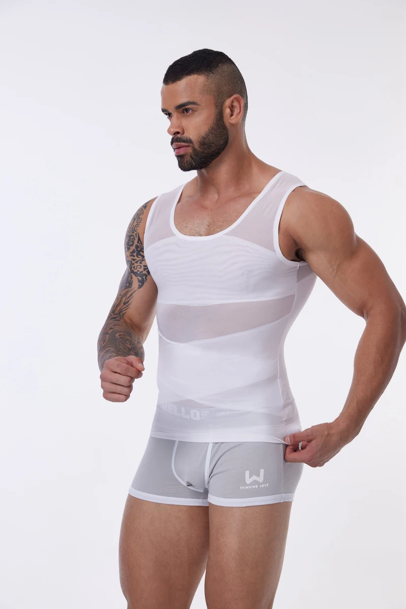 Kompressionsshirt für Männer, schlankmachendes Unterhemd, Body Shaper Tank Top, Gynomastica, ärmellose Shapewear-Weste, Netz-Kreuzanzug, 3XL – Detail 15