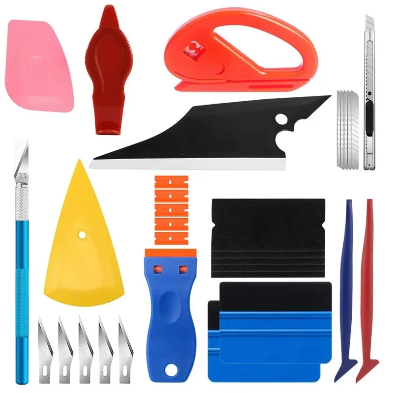 27-piece automotive film installation kit with repair tool, felt edge scraper, vinyl film transfer scraper, and stickers