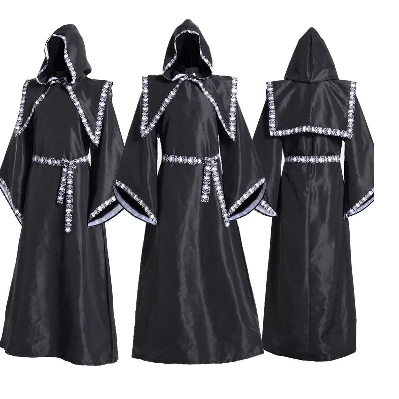 Men's Black Friar Cloak Missionary Hooded Monk Christian Priest Robes Death Ghost Vampire Devil Costumes Halloween Party Cosplay