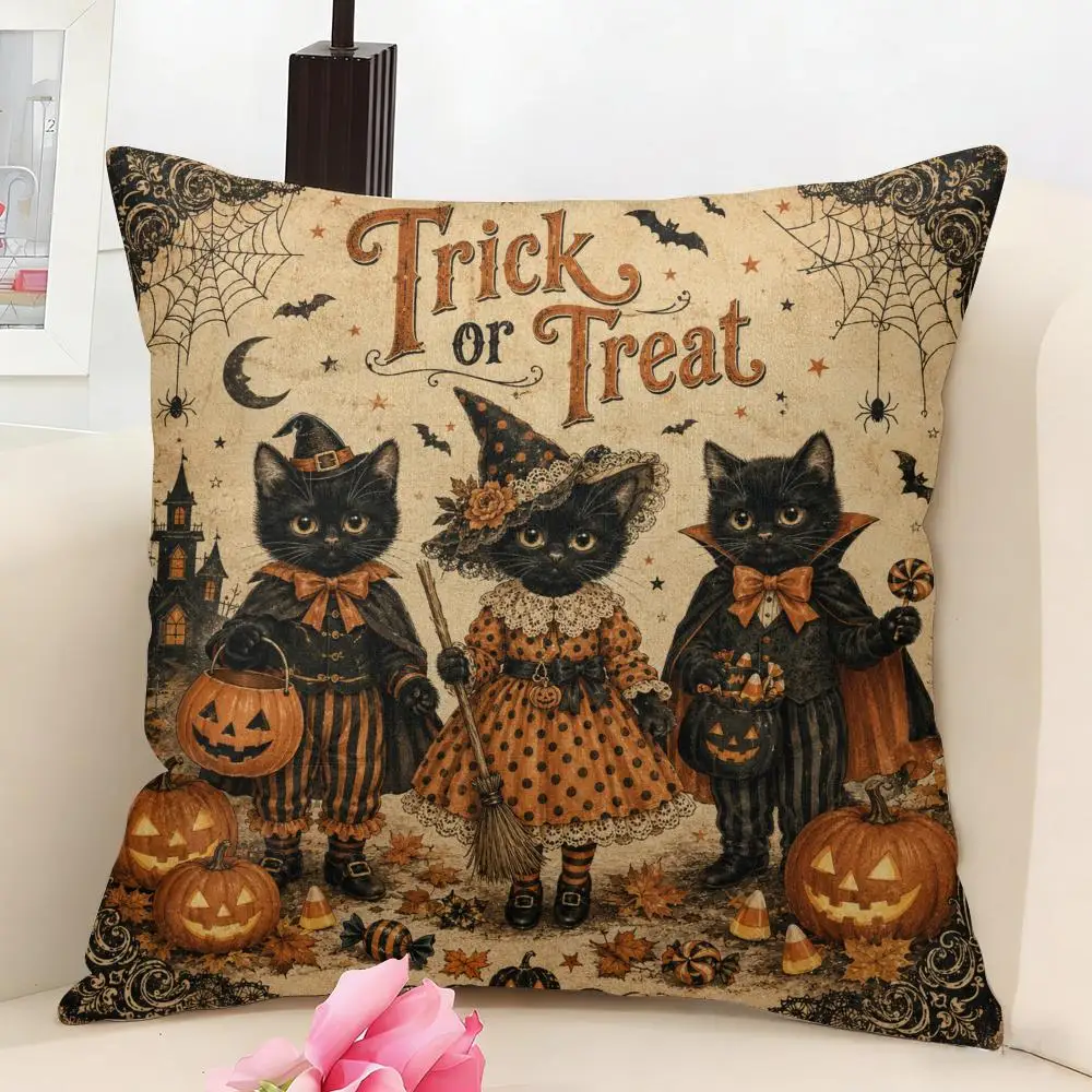 Vintage Halloween Cat Sisters Cushion Cover Linen Pillow Cover 40x40cm Decorative Cushion Case Boho Home Sofa Decor Gift