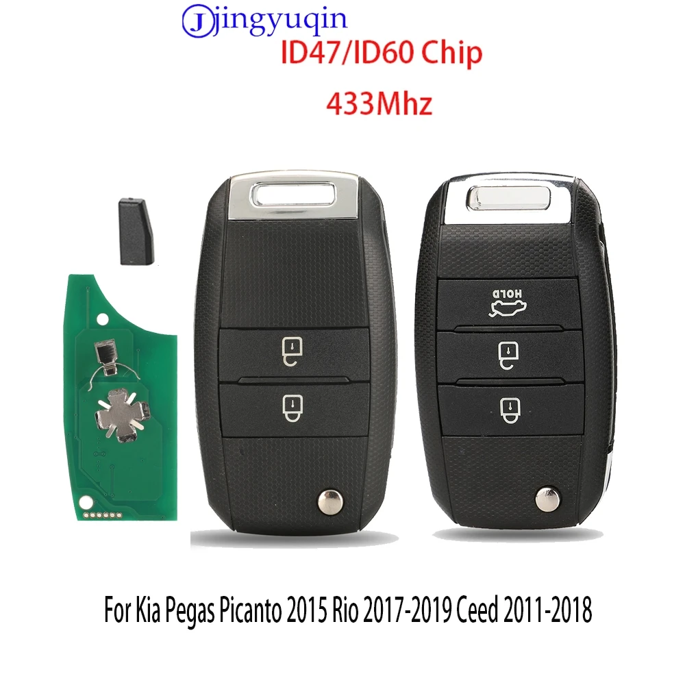 jingyuqin Remote Car Key Shell For Kia Picanto 2015 Pegas Rio 2017-2019 Ceed 2011-2019 Full Key Folding ID47/ID60 Chip 433Mhz