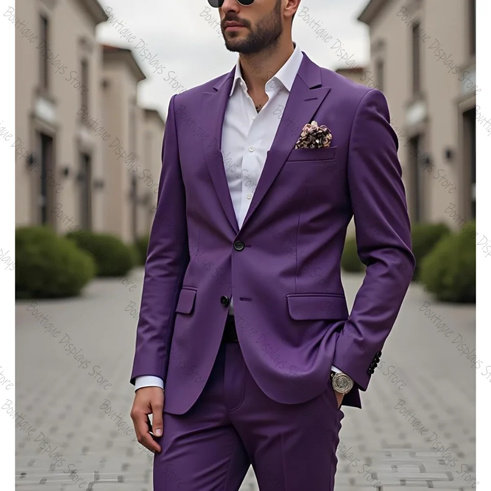 

Chic Purple Single Breasted Men Suit Peaked Lapel Business Casual Formal Costume Homme Slim Fit 2 Pcs Set Jacket Pants