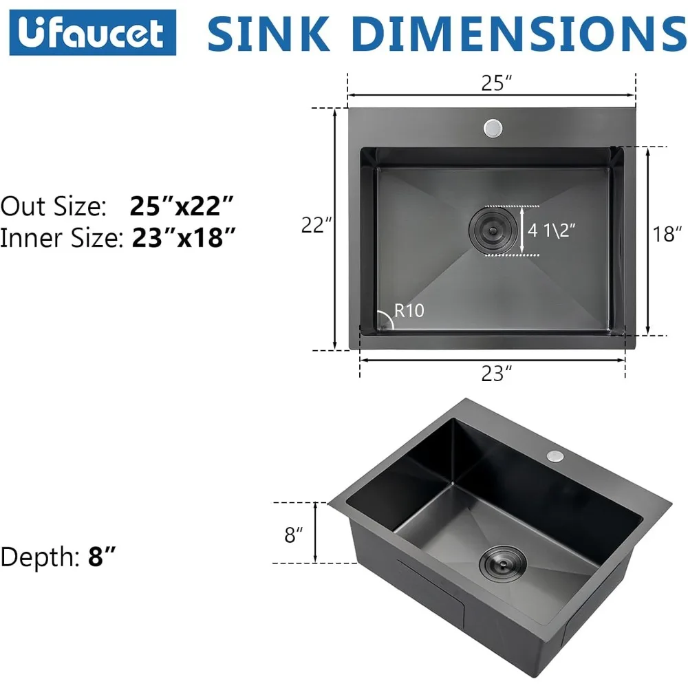 حوض مطبخ أسود مقاس 25 بوصة مع قضيب من الفولاذ المقاوم للصدأ للاستخدام الخارجي في أدوات الغسيل RV #3