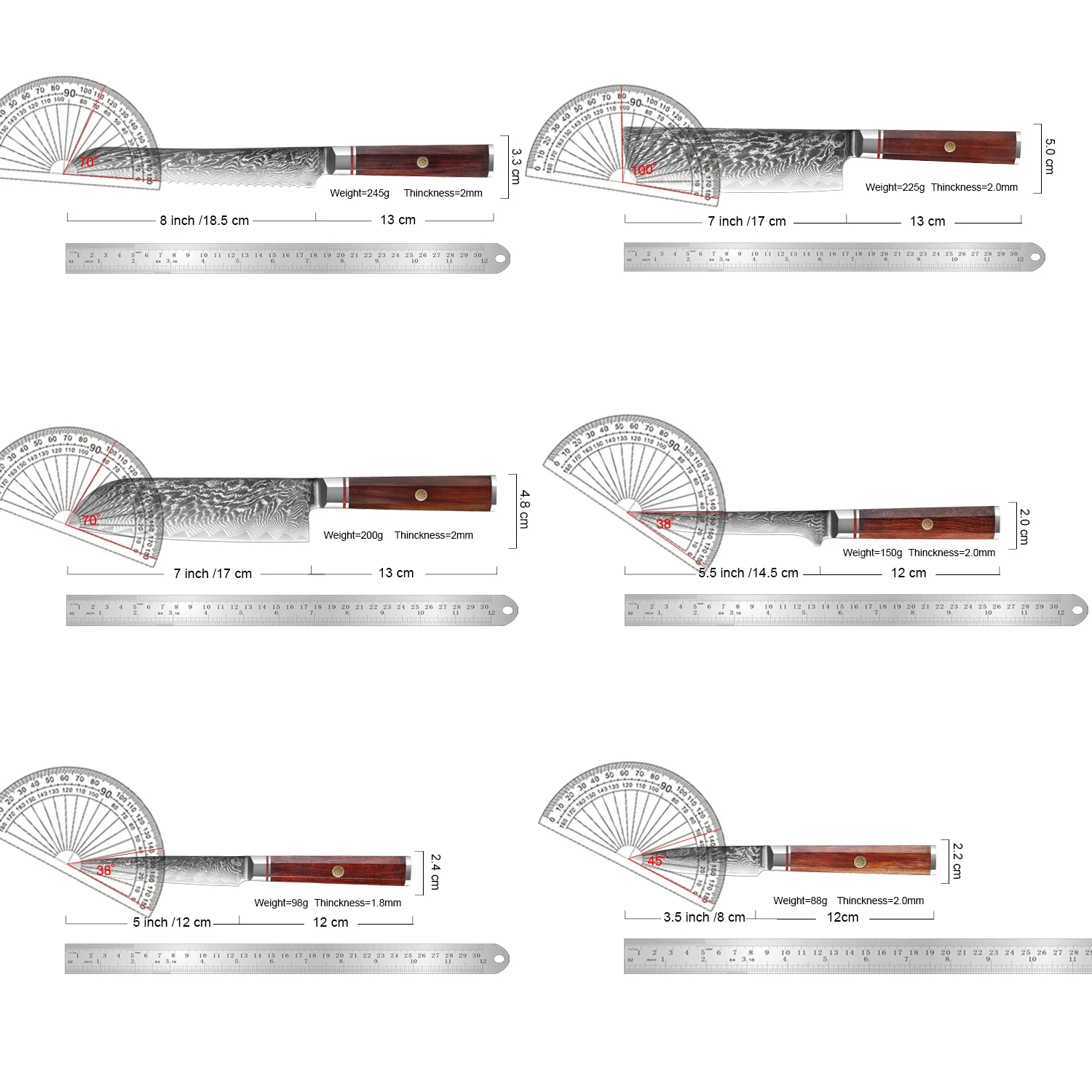 Kitchen Knives Set 1-6PCS Damascus Steel Santoku,Cleaver,Paring,Bread ,Boning, Cooking Knives Red Acid Branch Octagonal Handle