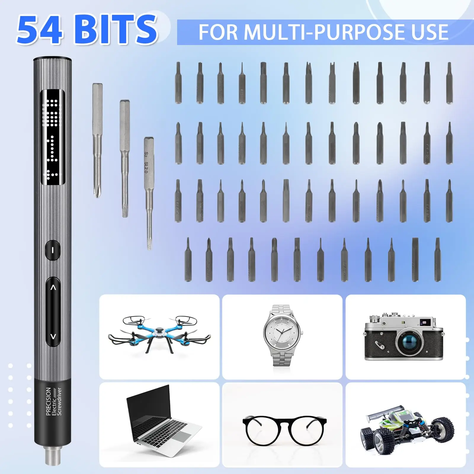 Precision Electric Screwdriver Set 59 in 1 Power Repair Tool Kit with 54 Magnetic Bits for iPhone Laptop Watch Camera Drone PC