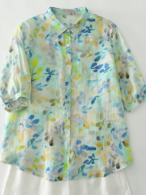 

French Style Loose Fit Short Sleeve Collar Digital Print Women's Shirt Summer Casual Top Fashionable Loose Artistic Shirt