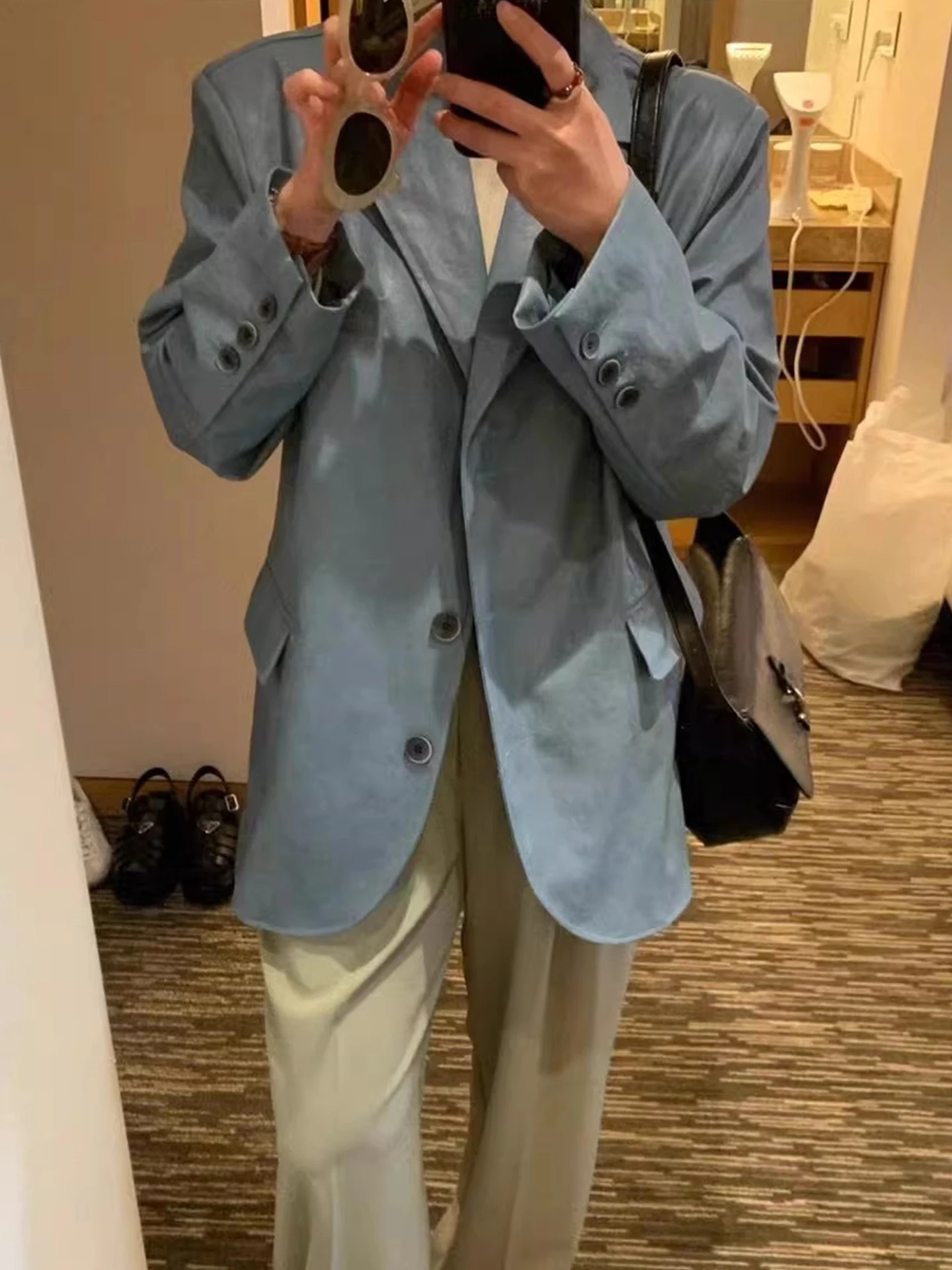 Ele 컬러 PU 가죽 자켓 여성용 이른 봄 새로운 루즈한 다용도 슈트 칼라 싱글 버튼 탑