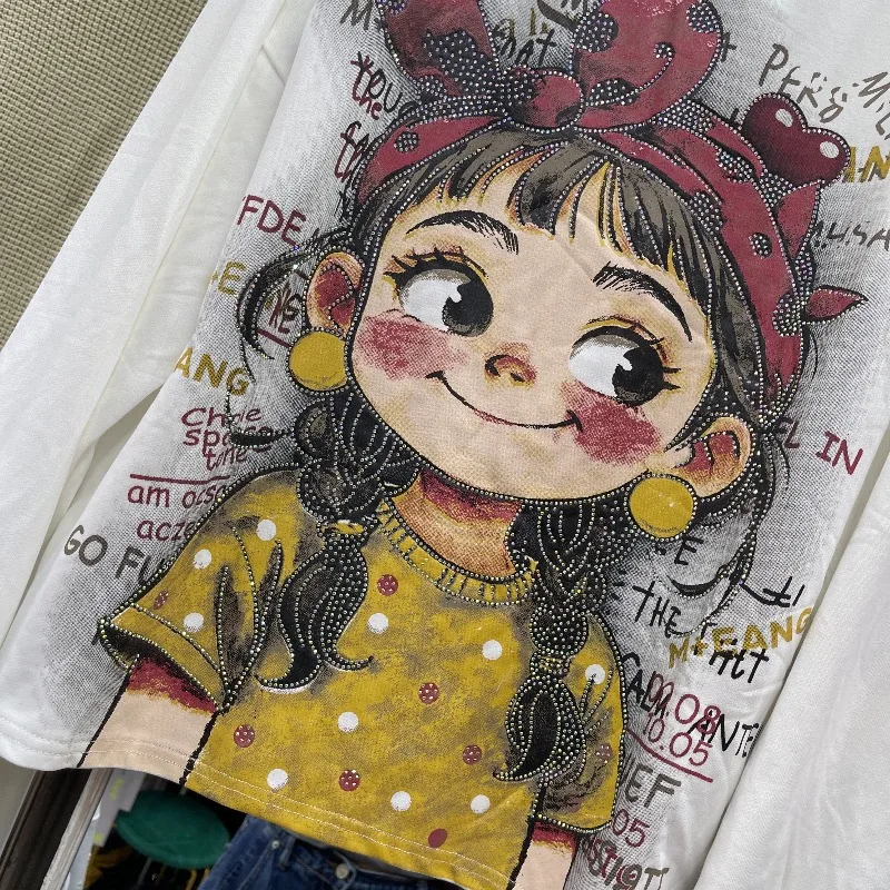 甘いかわいい新しいラインストーンガールレタークルーネックスウェットシャツジャケット女性のルーズ多用途デザインプルオーバートップ Sudaderas デ Mujer