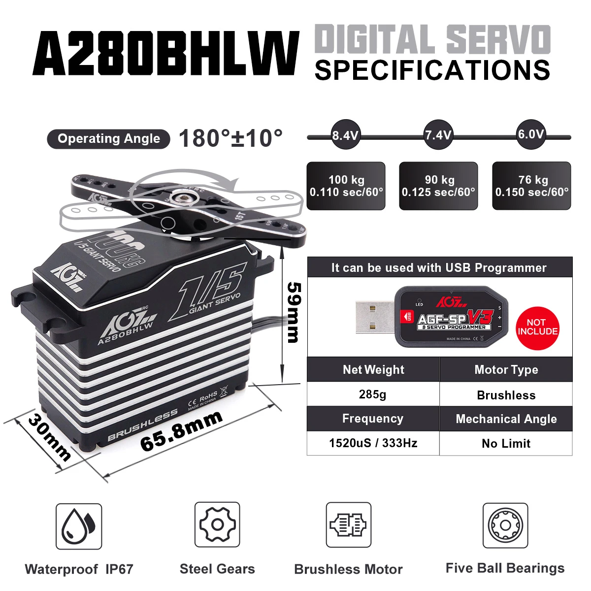 AGFRC A280BHLW 2S HV 100KG Super Torque 0.110Sec BLS Waterproof RC Servo For 1/5 Scale RC Cars