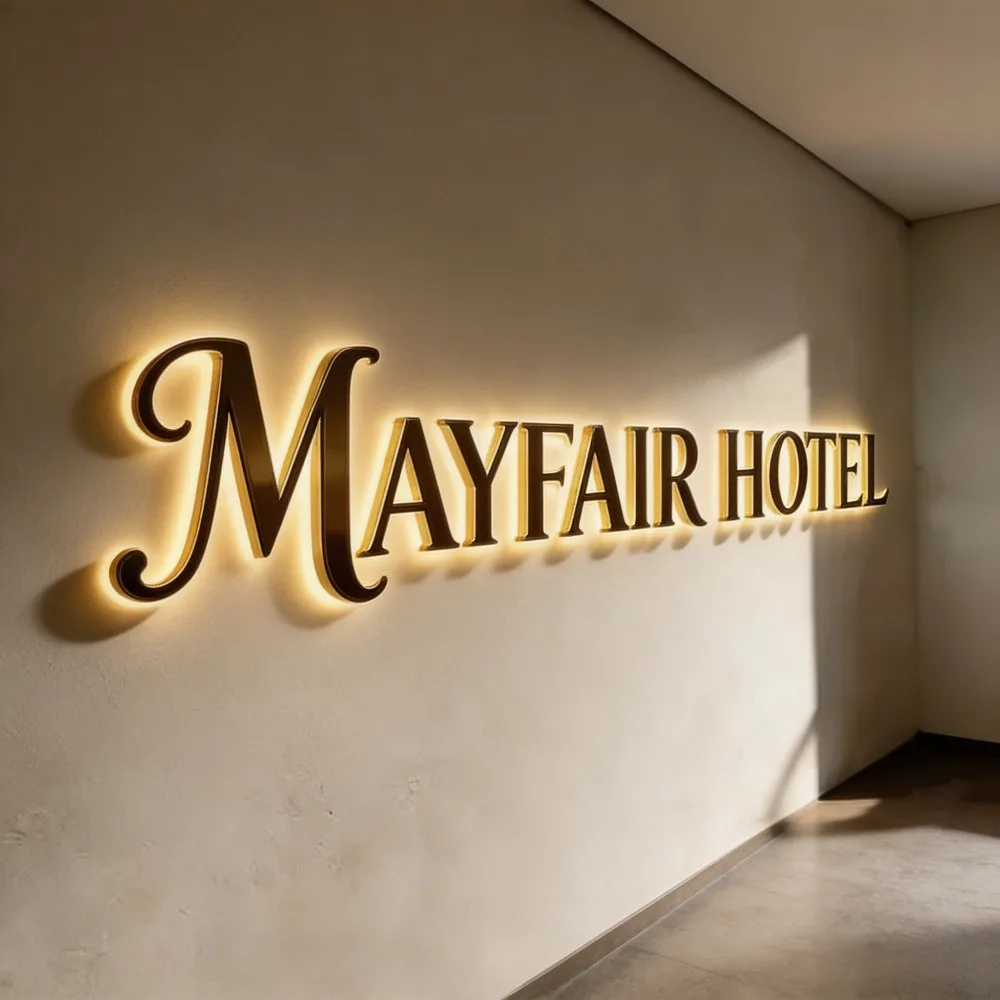 Custom 3D Metal Letter LED Sign Backlit Halo Front Lit Hotel Wall Logo for Hospitality Venue Indoor Outdoor Commercial Decor