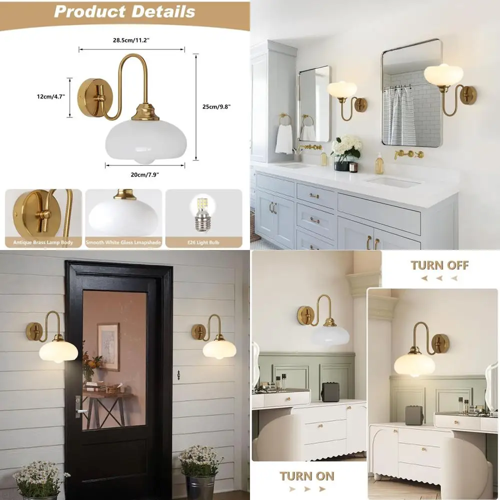 

Vintage Gold Globe Wall Sconce with Brushed Brass and Milk Glass for Bathroom, Bedroom, and Hallway Lighting