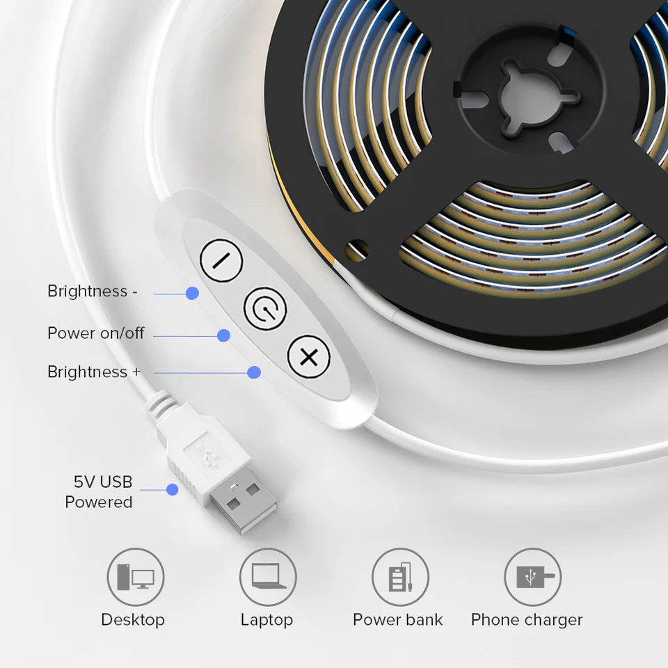 Dimmable 5V COB LED Strip Light 320Leds/m USB Powered High Bright Flexible COB LED Lights RA90 Remote Control LED Tape Diode