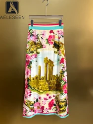 AELESEEN High Quality 100% Silk Skirt Women Summer Sicilian Slim Design Fashion Romantic Pink Flower Printed Split Elegant