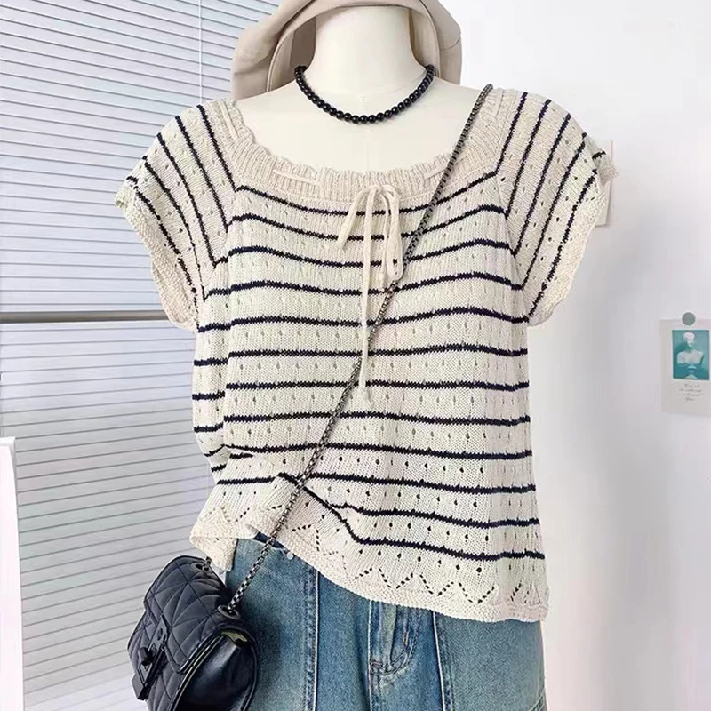 Women Versatile Contrast Color Striped Lace up T-shirt Crochet Hollow Out Short Sleeved Knit Shirt Casual Summer Thin Crop Tops