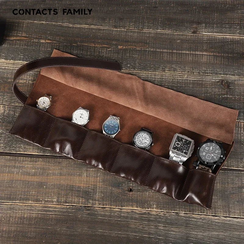 

Leather Watch Box Organizer Men’s Travel Storage Bag Luxury Retro Oil Wax Roll Up Case Stylish Leather Watch Holder