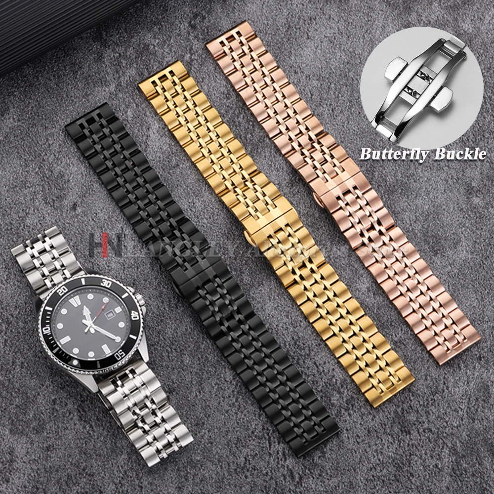 Correa de reloj de acero inoxidable de 20mm y 22mm para Tissot, Citizen, Seiko, hebilla de mariposa sólida, correas de reloj universales de liberación rápida