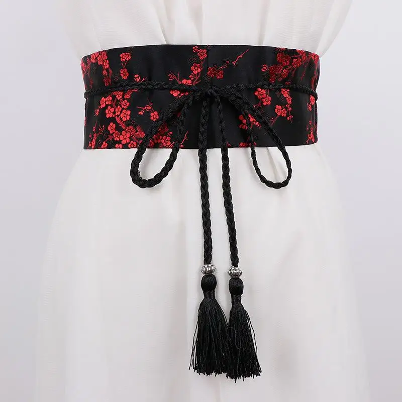 Vintage-Gürtel mit floraler Stickerei für Damen, eleganter Wickelgürtel im chinesischen Stil mit Schleife und Quasten für Kleider und Bekleidung – Detail 3