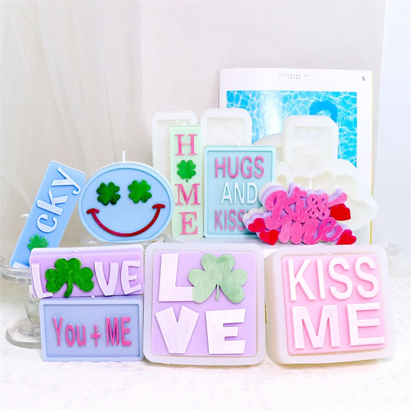 Flache Slogan Silikon Kerze Form LIEBE Slogan Lächeln Gesicht Klee Designs DIY Seife Kerzen Gips Kuchen Dekor Hause Ornamente