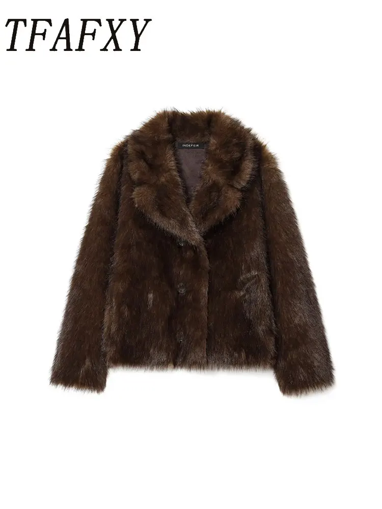 

TFAFXY Women 2025 Winter Autumn Faux Fur Reversible Jacket Coat Solid Long Sleeve Thick Warm Outwear Fluffy Coat For Women
