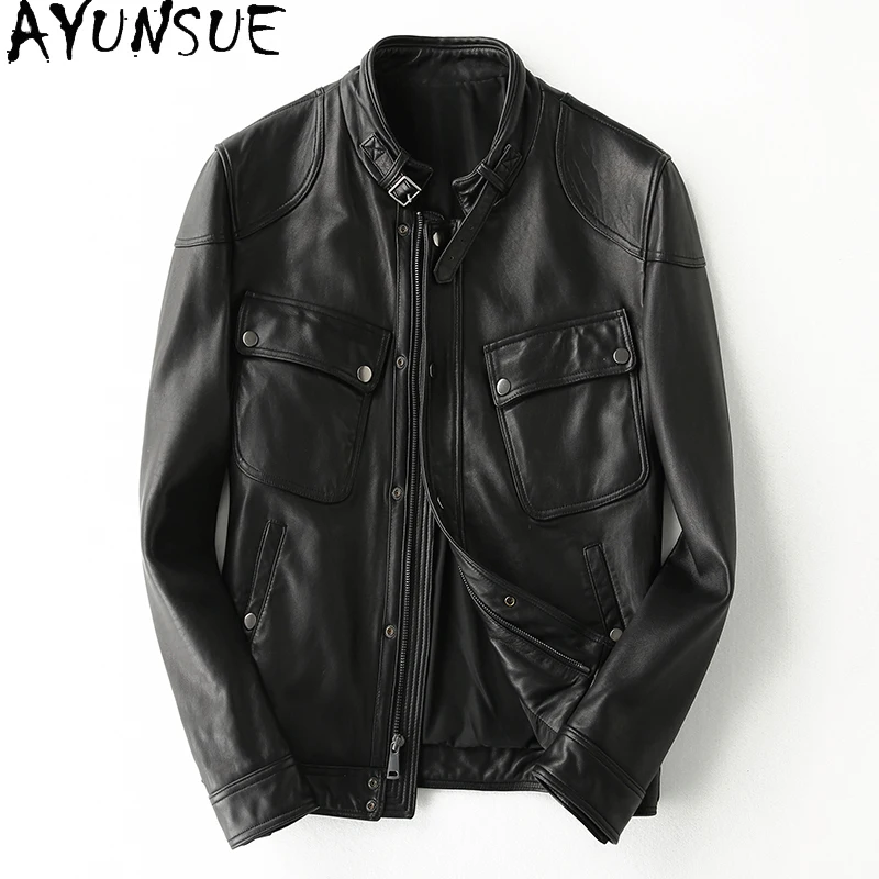 

AYUNSUE 2025 Genuine Sheepskin Leather Jackets Man Korean Fashion Short Real Leather Coat Stand Collar Men's Motorcycle Jacket
