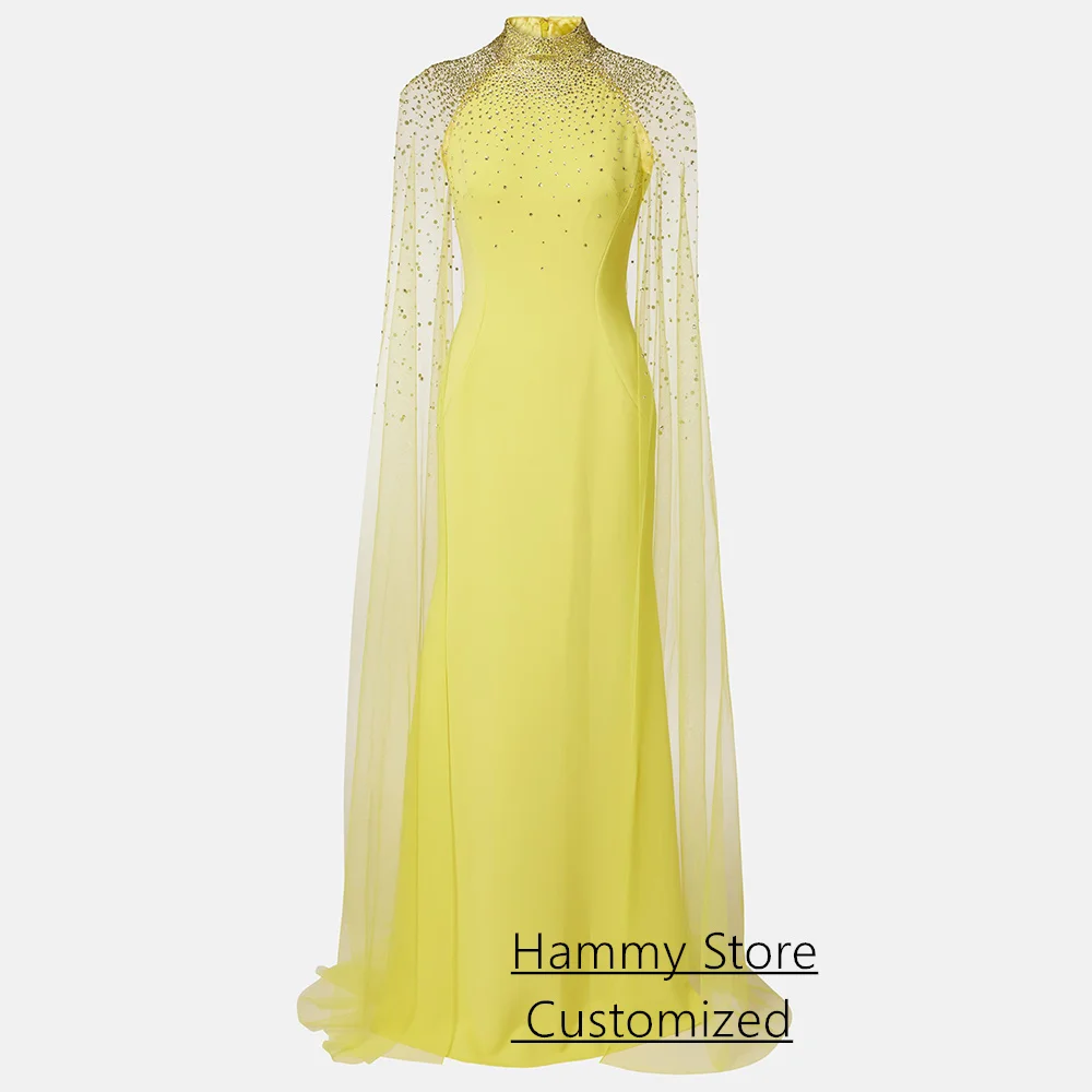 Vestido de noche árabe saudita de moda personalizado cuello alto capa de tul rebordear vestido de fiesta de sirena árabe vestidos de fiesta de baile