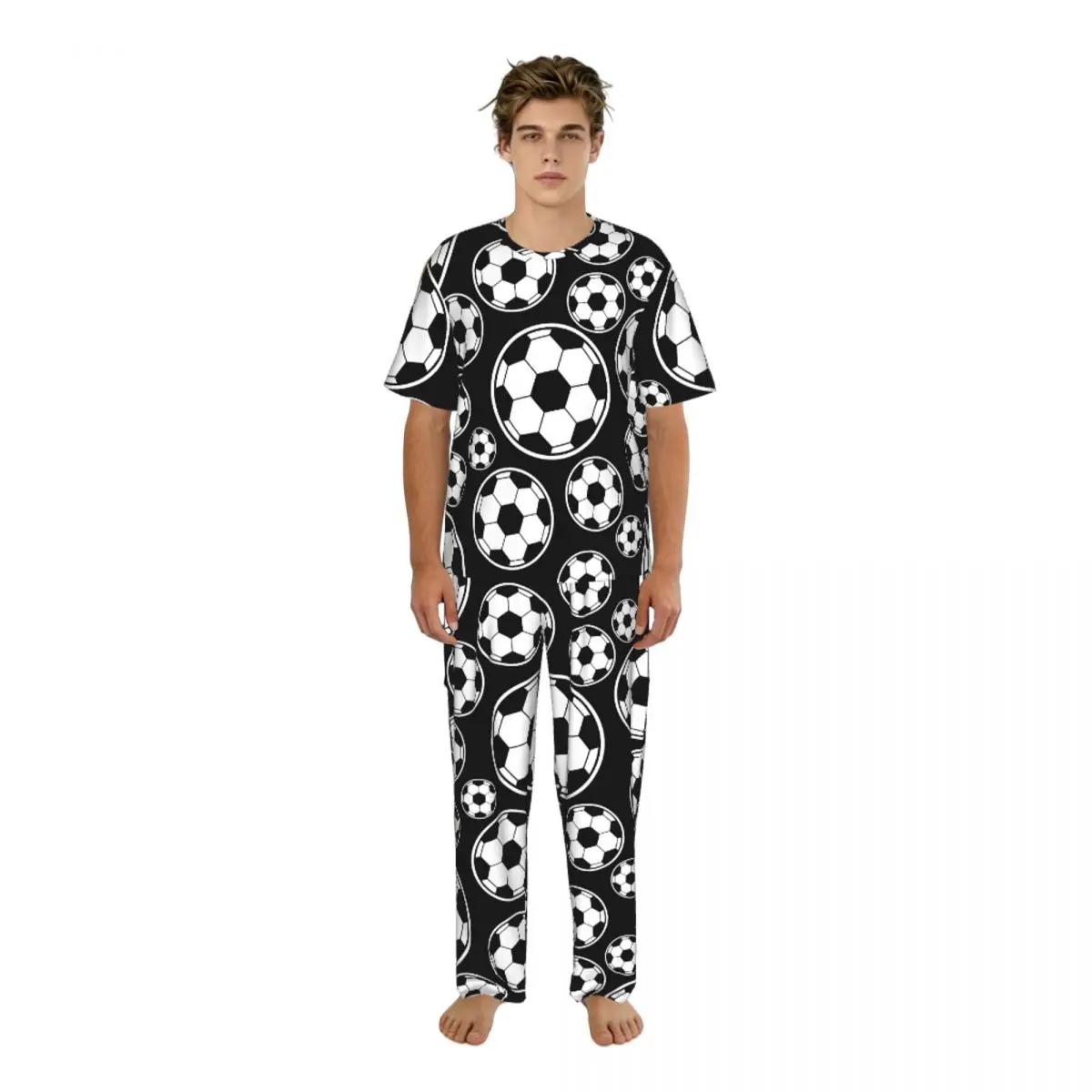 

Мужская пижама с короткими рукавами, двухкомпонентный комплект с брюками, домашний костюм с принтом футбольного мяча, одежда для сна