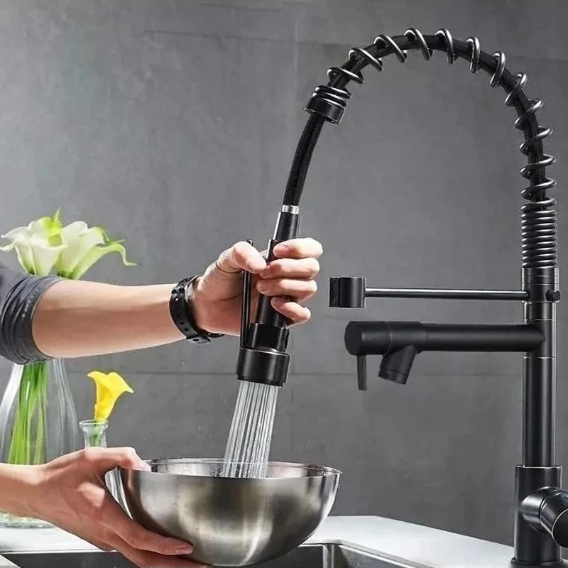 キッチン蛇口-ダブルハンドル-プルダウン式スプレーエクステンダー付き-温水冷水混合栓-カウンター-壁設置可能