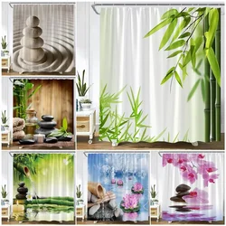 Zen Green Bamboo Shower Curtain Pink Flower Plant Black Stone Spa Garden Scenery Wall Hanging Fabric Bathroom Decor Curtains Set