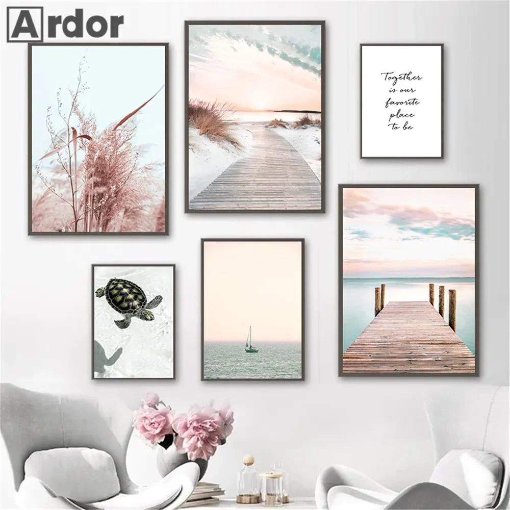 Beach Starfish Bridge Wall Poster Sea Wave Reed Pink Canvas Painting Conch Turtle Art Prints Nordic Wall Pictures Bedroom Decor