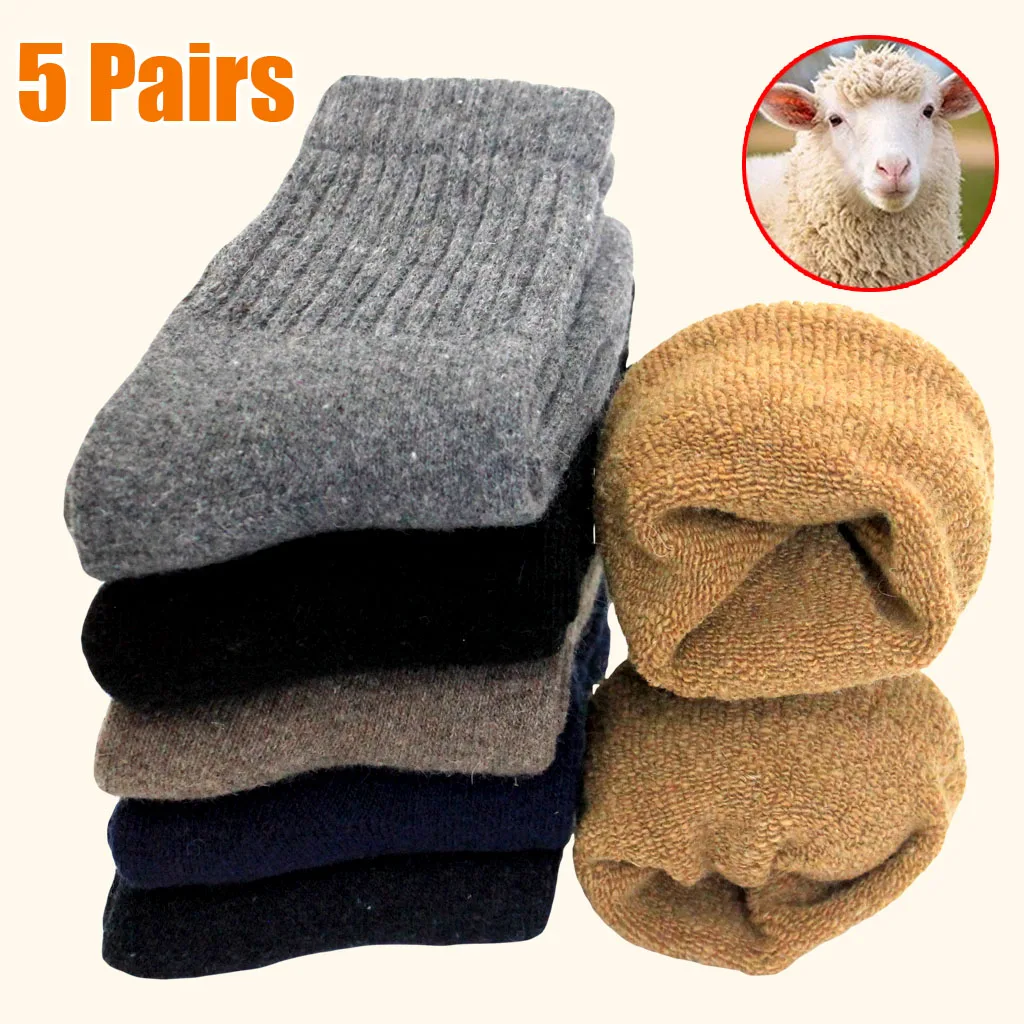 

5 пар новых зимних теплых носков, шерстяные мужские и женские носки, однотонные супертолстые носки, носки из мериносовой шерсти, зимние махровые носки, размер 36-42