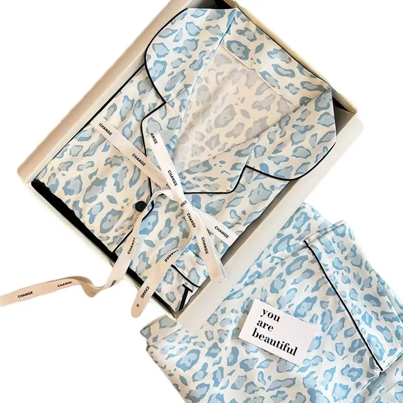 Silk Pajamas for Women Long-sleeved Spring and Autumn Sleepwear Fashion Pajamas Women's High-end Loungewear Suit Leopard Print