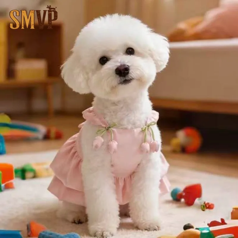 

Spring and Summer Light and Breathable Yarn Tulip Shoulder Strap Embellishment Pet Cat Small and Medium Dog Dress Clothing