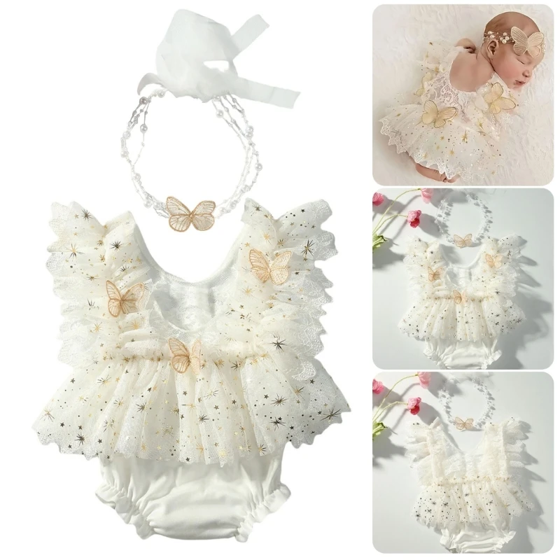

Elegant Lace Butterfly Photography Romper for Newborns Girls Soft Polyester Baby Photoshoots Dress Outfit 0-1 Month