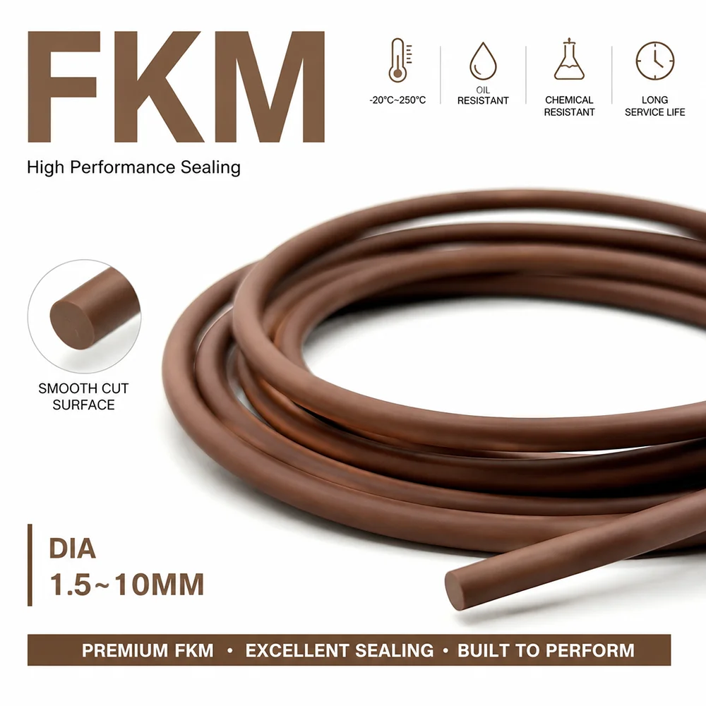 Brown FKM Seal Strip Dia 1.5~10mm Oil resistant/corrosion-resistant/mechanical equipment waterproof solid fluorine rubber strip