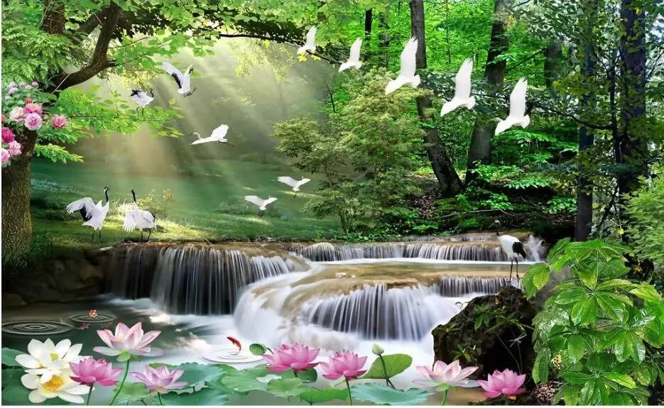 Customized Wallpaper HD Tropical Rainforest Stream Waterfall Mural Home Decoration Natural Landscape Forest Decoration Painting
